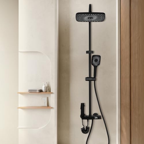 DnKelar Duschset mit Armatur, Edelstahl Duschsystem, 27,5 cm Regendusche, mit LED-Temperaturanzeige, 3 Strahlarten Duschkopf, Duscharmatur Komplettset ohne Thermostat (Schwarz) von DnKelar