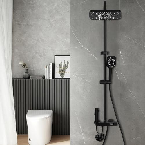 DnKelar Duschsystem, Duschset mit Armatur, Duscharmaturen 4 Funktion, Duschstange Höhenverstellbar mit Regenduschkopf, ABS Handbrause, Ablage, ohne Thermostat von DnKelar