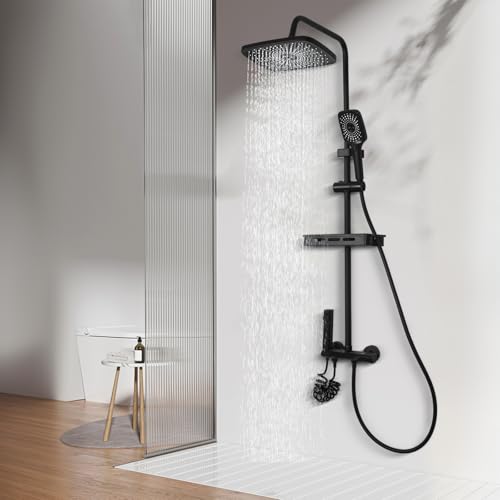 DnKelar Duschsystem mit Armatur, ohne Thermostat Schwarz, Duscharmatur Komplettset, mit 3 Strahlarten Handbrause, 71-111 cm Höhenverstellbar, 19x27,5 cm Regendusche Duschkopf von DnKelar