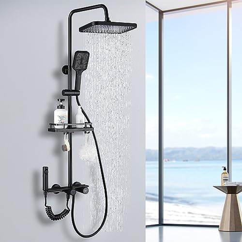 Dnkelar Duschset, Duschsystem mit großer Regendusche, Handbrause, mit Höheverstellbarer Duschstange (LED Anzeige-Schwarz-9) von DnKelar