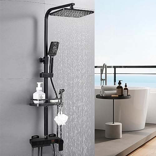 Dnkelar Duschset, Duschsystem mit großer Regendusche, Handbrause, mit Höheverstellbarer Duschstange (Thermostat-LED Anzeige-Schwarz-6) von DnKelar