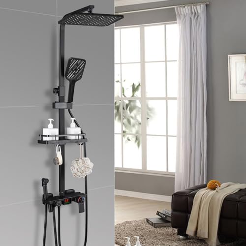 Dnkelar Duschset, Duschsystem mit großer Regendusche, Handbrause, mit Höheverstellbarer Duschstange (Thermostat-LED Anzeige-Schwarz-8) von DnKelar