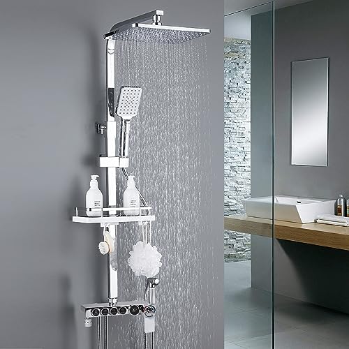 Dnkelar Duschset, Duschsystem mit großer Regendusche, Handbrause, mit Höheverstellbarer Duschstange (Thermostat-LED Anzeige-Silber-5) von DnKelar