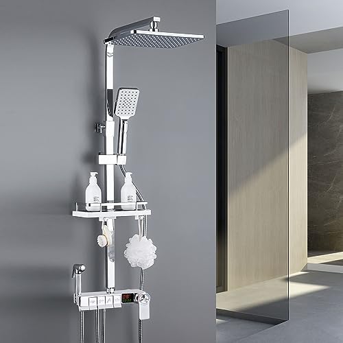 Dnkelar Duschset, Duschsystem mit großer Regendusche, Handbrause, mit Höheverstellbarer Duschstange (Thermostat-LED Anzeige-Silber-7) von DnKelar