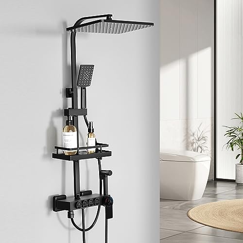 Dnkelar Duschset, Duschsystem mit großer Regendusche, Handbrause, mit Höheverstellbarer Duschstange (Thermostat-Schwarz-2) von DnKelar