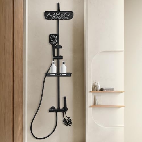 Dnkelar Duschsystem, Duschstange Höhenverstellbar, Duschset mit Mischbatterie, Duschsystem mit Regendusche, Regal und Handbrause mit 3 Strahlarten (Ohne Thermostat-Schwarz-7) von DnKelar