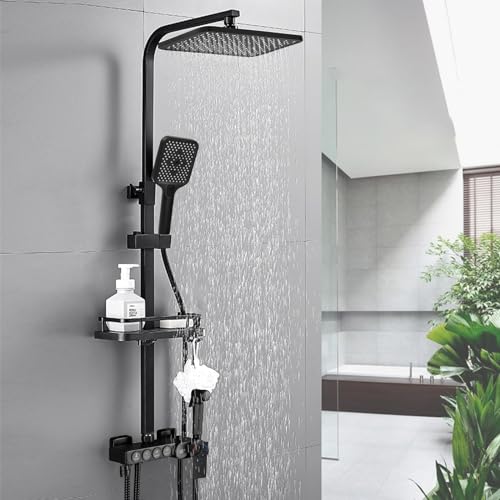 Dnkelar Duschsystem, Duschstange Höhenverstellbar, Duschset mit Mischbatterie, Duschsystem mit Regendusche, Regal und Handbrause mit 3 Strahlarten (Thermostat-LED Display-Schwarz-3) von DnKelar