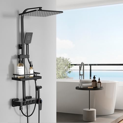 Dnkelar Duschsystem, Duschstange Höhenverstellbar, Duschset mit Mischbatterie, Duschsystem mit Regendusche, Regal und Handbrause mit 3 Strahlarten (Thermostat-2) von DnKelar