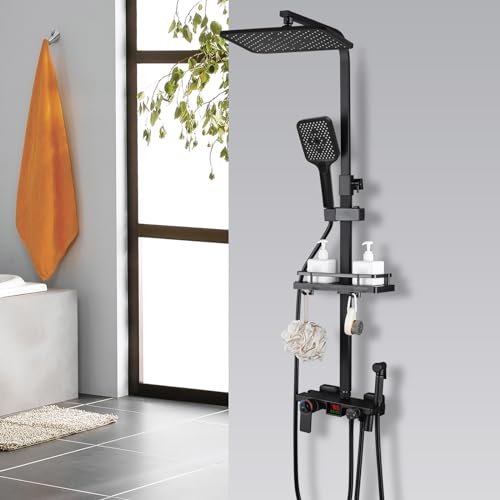 Dnkelar Duschsystem mit Thermostat, Regendusche Duschset, 3 Strahlarten Handbrause, Höhenverstellbar (LED-Anzeige) (Schwarz) von DnKelar