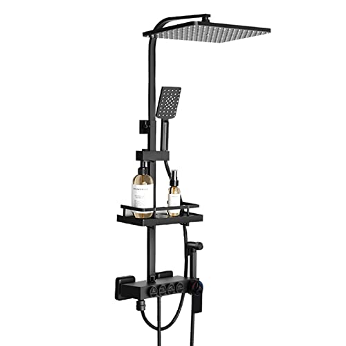 Dnkelar Duschsystem mit Thermostat Duschset mit Regendusche und Handbrause, Anti-Verbrühungs-Duschsystem, Multifunktions Dusche Ablage für Badzimmer (Tastenthermostat, Schwarz) von DnKelar