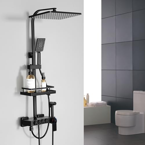 Dnkelar Regendusche Duschsystem mit Duscharmatur, Komplettset Set Duschstange mit Brause Duschkopf mit Schlauch und Halterung (Mit Thermostat-2) von DnKelar