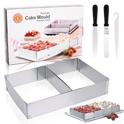 Dncvb Backrahmen Rechteckig Verstellbar 5cm Hoch,Backform Rechteckig von 27x18 bis 52x33cm Kuchenform Verstellbar mit Winkelpalette Edelstahl Backform Rechteckig für Backen,Schichttorten,Dekorieren von Dncvb