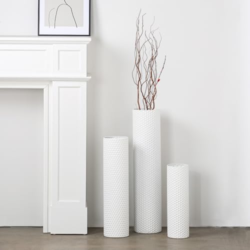 Dnnnii 3 Vasen Set - Hohe Zylindervasen aus Metall Weiß, Moderne Wabenstruktur, Große Stehvasen für Wohnzimmer (Höhe bis 70cm, Raumdekoration) von Dnnnii