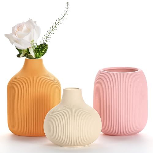 Dnnnii Kleines Keramikvasen-Set 3-TLG Farbenfroh Minimalistische Vasen mit Rillendesign, kompakte Übergangsdekoration für Wohnzimmer, Schlafzimmer, Büro (3-TLG Farbenfroh Keramikset) von Dnnnii