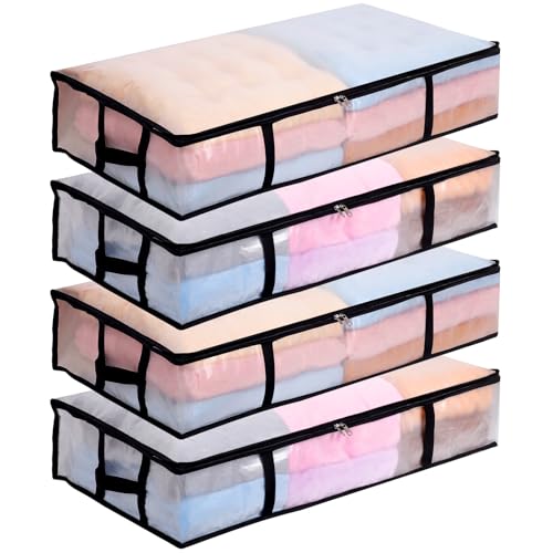 Dntorx 4 Stück 90L Unterbett Aufbewahrungsbox mit Deckel Groß, Transparente Unterbettkommode Faltbare Aufbewahrungstasche mit Griff, Unterbett Aufbewahrung für Bettdecken Kissen Kleidung Aufbewahrung von Dntorx