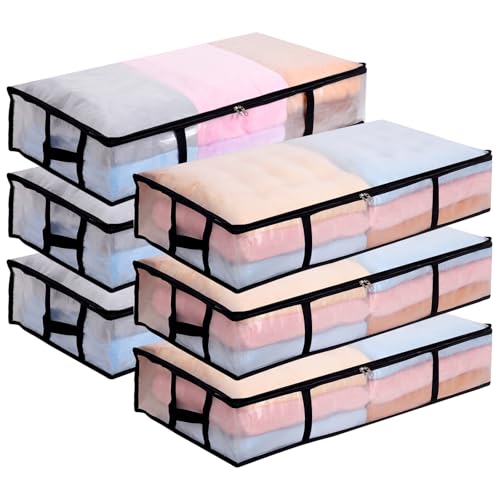 Dntorx 6 Stück 90L Unterbett Aufbewahrungsbox mit Deckel Groß, Transparente Unterbettkommode Faltbare Aufbewahrungstasche mit Griff, Unterbett Aufbewahrung für Bettdecken Kissen Kleidung Aufbewahrung von Dntorx