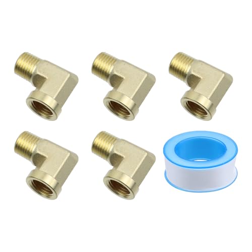 Dnyta 90-Grad-Messing-Straßenbogen 6,35 mm NPT-Außengewinde x 0,64 cm NPT-Innengewinde mit Rohstoffgürtel, zum Verbinden von Rohren, 5 Stück von Dnyta