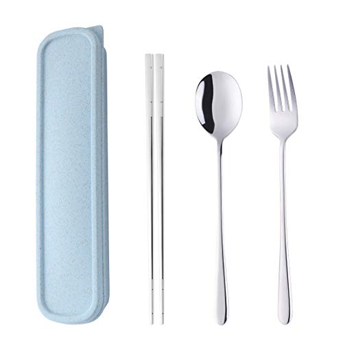 SBOMHS Tragbares Outdoor Reisebesteck set Silber Camping Besteck to go Picknick Schule Büro Lunch Geschirr für 1 person Edelstahl Essstäbchen Lange Tafelgabeln Suppenlöffel Weizenstroh Geschenkbox von SBOMHS