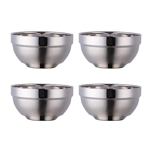 Do Buying Müslischale aus Edelstahl 500ml silber Suppenschalen 4er set Reisschüssel Groß Nudelschale Dessertschalen breit 13 cm(5,1 inch) Metall Ramen Schüsseln Doppelschicht Anti-heiße von Do Buy