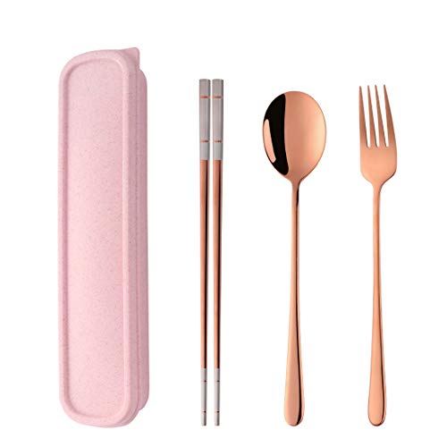 SBOMHS Tragbares Outdoor Reisebesteck set Roségold Camping Besteck to go Picknick Schule Büro Lunch Geschirr für 1 person Edelstahl Essstäbchen Lange Tafelgabeln Suppenlöffel Weizenstroh Geschenkbox von SBOMHS