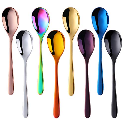 SBOMHS Dessertlöffel Edelstahl 18/8 Kaffeelöffel Bunt Teelöffel 8 Teilige 15CM Espressolöffel Eislöffel für Kaffee Tee Tasse Milch Keramik Becher 8 Farben von SBOMHS