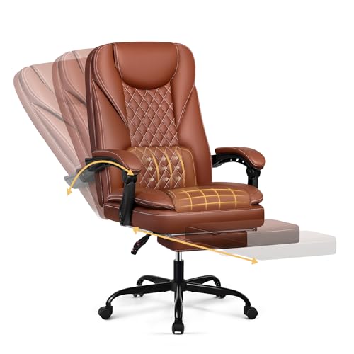 DoChair Bürostuhl ergonomischer Schreibtischstuhl bis 140°mit Fußstütze Kopfstütze Wippfunktion Drehstuhl Chefsessel Kunstleder, Braun von DoChair