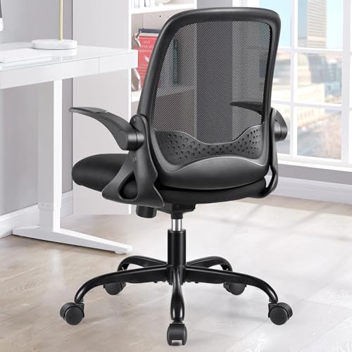 DoChair Bürostuhl Ergonomisch, Schreibtischstuhl, Drehstuhl mit Klappbaren gepolsterte Armlehnen, Wippfunktion, 360° Chefsessel Drehstuhl bis 150kg (Schwarz) von DoChair