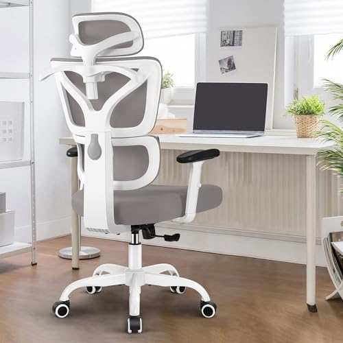 DoChair Bürostuhl Stretch Mesh Rückenlehne ergonomisch Schreibtischstuhl Verstellbarer Kopfstütze und Höhe Gaming Stuhl mit Aufhänger, Grau von DoChair