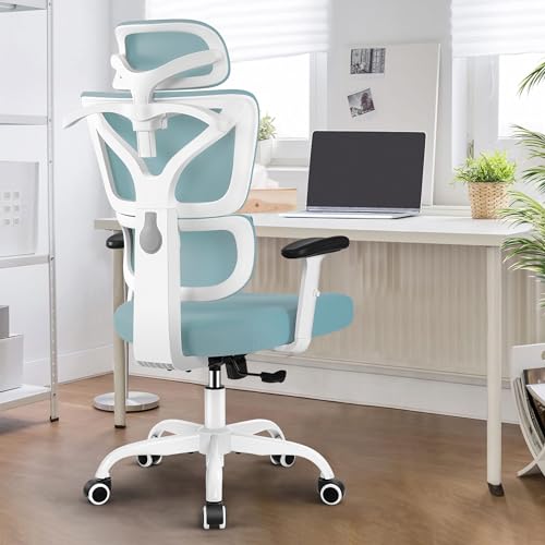 DoChair Bürostuhl Stretch Mesh Rückenlehne ergonomisch Schreibtischstuhl Verstellbarer Kopfstütze und Höhe Gaming Stuhl mit Aufhänger, Hellblau von DoChair