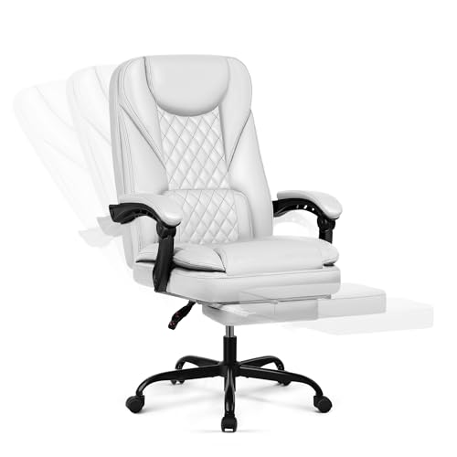 DoChair Bürostuhl ergonomischer Schreibtischstuhl 140°mit Fußstütze Kopfstütze Wippfunktion Drehstuhl Chefsessel Kunstleder 150KG, Weiß von DoChair