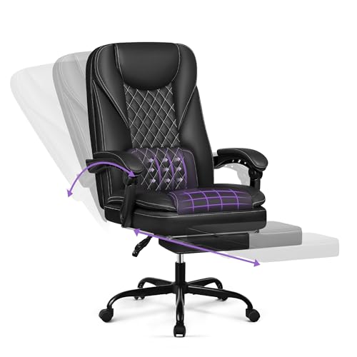 DoChair Bürostuhl ergonomischer Schreibtischstuhl bis 140°mit Fußstütze Kopfstütze Wippfunktion Drehstuhl Chefsessel Kunstleder, Schwarz von DoChair