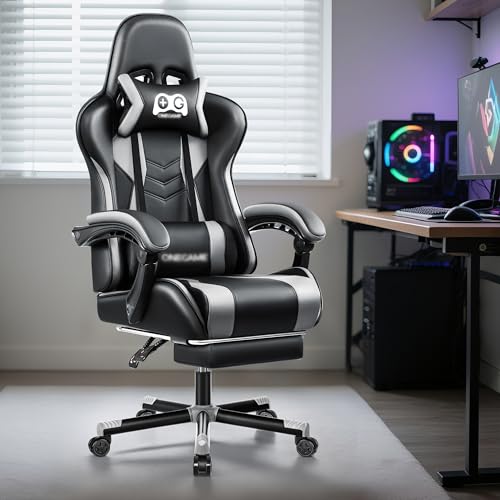 DoChair Gaming Stuhl Upgraded mit Fußstütze, Computer Gaming Chair Ergonomisch Lendenwirbelverstellbar, Design Stuhl Schwerlastbereich 150-200KG, Grau von DoChair