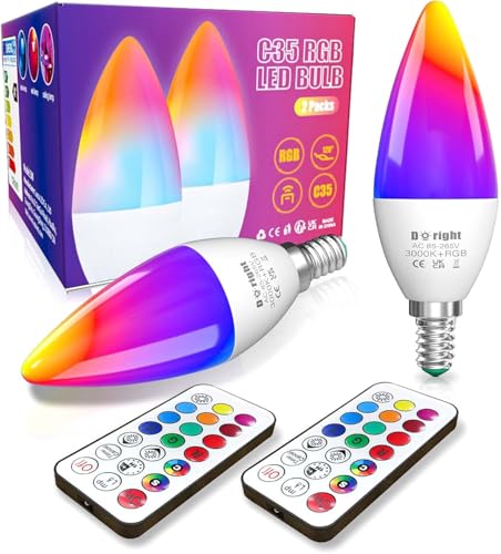 DoRight E14 LED-Farbwechsel von Kerzenlampen, 3W dimmbare Multicolor E14 RGBW-Lichtfernbedienung, Speicher- und Zeitsteuerungsfunktion, 40W-Äquivalent, RGB + Warmweiß 3000K (2-Pack) von DoRight