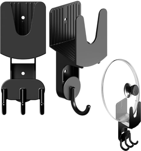 Doafoce 2 Stück Topfdeckelhalter Topfdeckelhalter Wand Pfannendeckel Halterung mit 3 Haken Kann Selbstklebend oder Genagelte Installation Geeignet für Küche, Schlafzimmer und Balkon von Doafoce