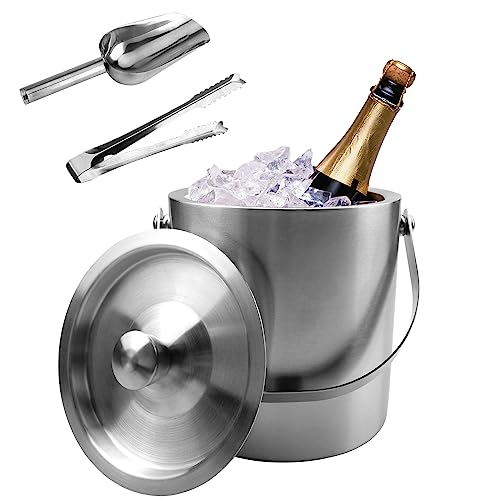 Doafoce Edelstahl Eiseimer 2L Eiswürfelbehälter Edelstahl mit Deckel Doppelstöckiger Eiswürfelbehälter mit Eiszange und Schaufel Passend Eiskübel für die Eiswürfel Aufbewahrung von Doafoce