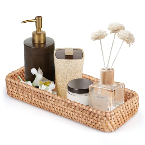 Doafoce Rattan Serviertablett, Badezimmer Eitelkeit Tabletts, Rechteckiges Korb Aufbewahrung, Natürliches Gewebtes Tablett, für Lagerung, Dekorativ (28 x 11,5 x 4cm) von Doafoce