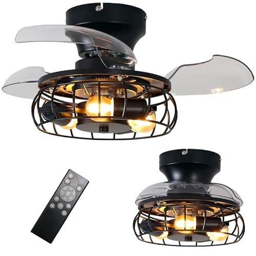 Retro Deckenleuchte Mit Einziehbarem Ventilatorflügel 4w Glühbirne Käfig Deckenventilator mit Beleuchtung Und Fernbedienung Timer 6 Speed Reversibel Klein Deckenlampe Ventilator Schlafzimmer,Iron von Dobecd