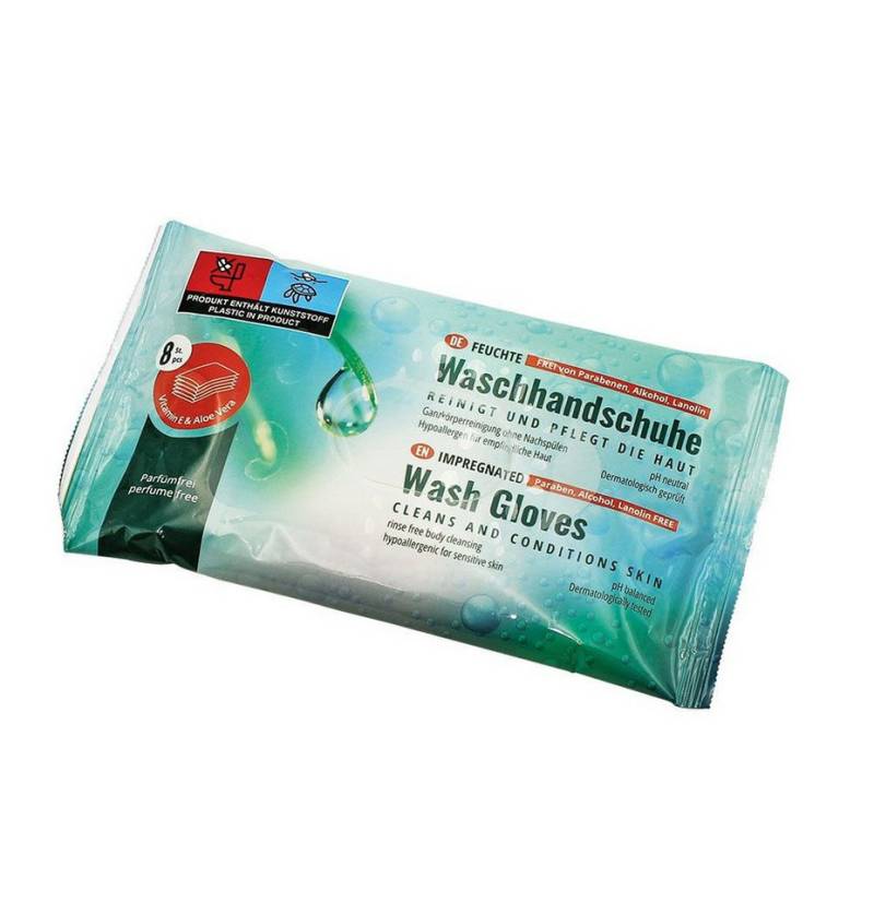 DocMed Einmal-Waschhandschuh Einmal-Waschhandschuhe, feucht, 15 x 22 cm (8 Stck) (Einwegpflegehandsuche 8-St. Pflegebedarf Hautpflege), mit Vitamin E und Aloe Vera von DocMed