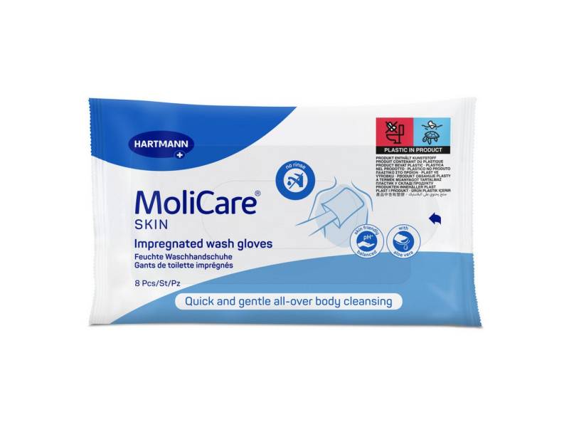 DocMed Einmal-Waschhandschuh MoliCare Skin feuchte Waschhandschuhe (8 Stck) (Hygienische Einmalverwendung 8-St. Hautneutraler pH-Wert), Besonders weiches Vliesmaterial für angenehme Anwendung von DocMed