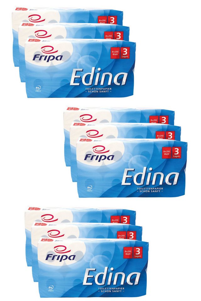 DocMed Toilettenpapier Fripa - Toilettenpapier Edina (2-lagig (8 Rollen oder 6er Pack) oder 3-lagig (8 Rollen oder 9er Pack) 72-St. 8-Rollen-Packung), 100 % Frischzellstoff, Dekorprägung in Hochweiß von DocMed