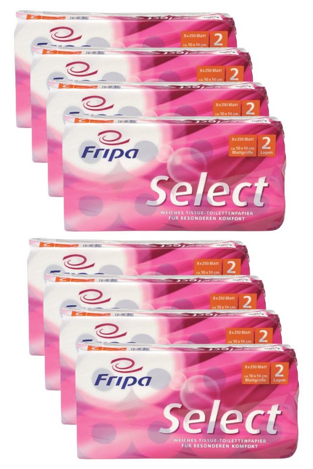 DocMed Toilettenpapier Fripa - Toilettenpapier select, 2-lagig 8 Rollen oder 8er Packung (Hochweißes Design 64-St. 8 Rollen Toilettenpapier), aus 100 % Zellstoff, Praktisches Blattformat von DocMed