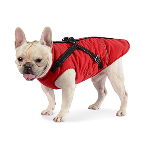 Dociote Hundemantel Hundejacke mit Geschirr & Reißverschluss gefütterter & wasserdichter Wintermantel Winterjacke für Winter für kleine mittelgroße Hunde Rot L von Dociote