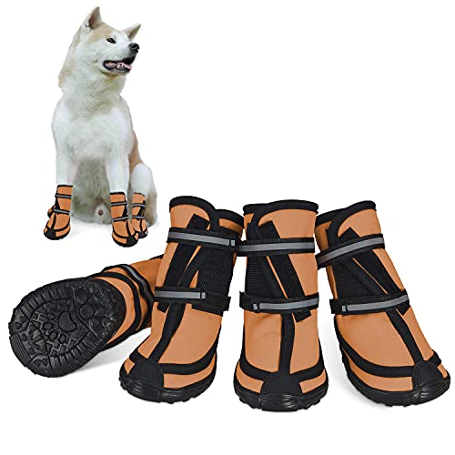 Dociote Hundeschuhe pfotenschutz mit Anti-Rutsch Sohle, reflektierendem Riemen, Klettverschluss wasserdicht Schneeschuhe für mittelgroße große Hunde 4 Stück Orange XXL von Dociote