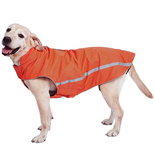 Dociote Wasserdichter Hundemantel Hundejacke mit Kragenloch Klettverschluss Fleece gefüttert reflektierender Wintermantel für mittelgroße große Hunde Orange 4XL von Dociote