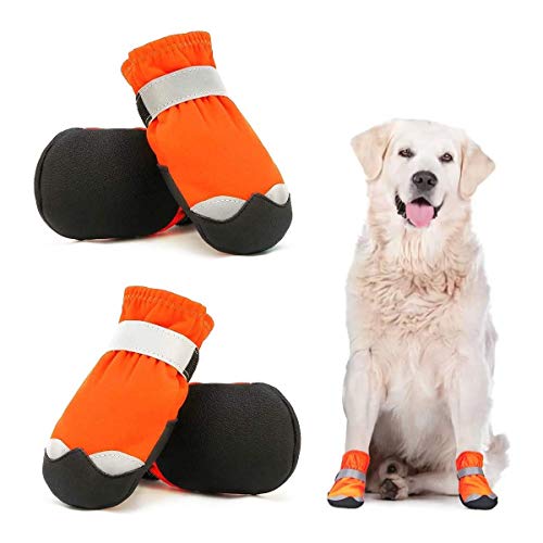 Dociote wasserdichte Hundeschuhe pfotenschutz mit Anti-Rutsch Sohle, reflektierendem Riemen, Klettverschluss Schneeschuhe für mittelgroße große Hunde 4 Stück Orange 5# von Dociote