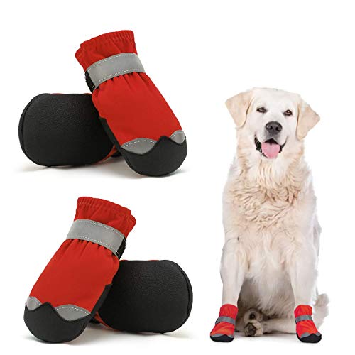 Dociote wasserdichte Hundeschuhe pfotenschutz mit Anti-Rutsch Sohle, reflektierendem Riemen, Klettverschluss Schneeschuhe für mittelgroße große Hunde 4 Stück Rot 6# von Dociote