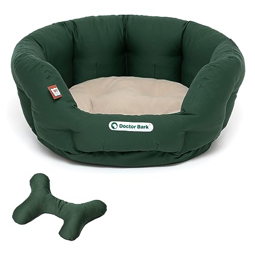 Doctor Bark Hundekorb rund, Hundebett für größere Hunde, Kuschelbett + ToyBone mit flauschigem Wendekissen, orthopädisch, waschbar bis 95°C (L - 60x50 cm, Grün/Beige) von Doctor Bark