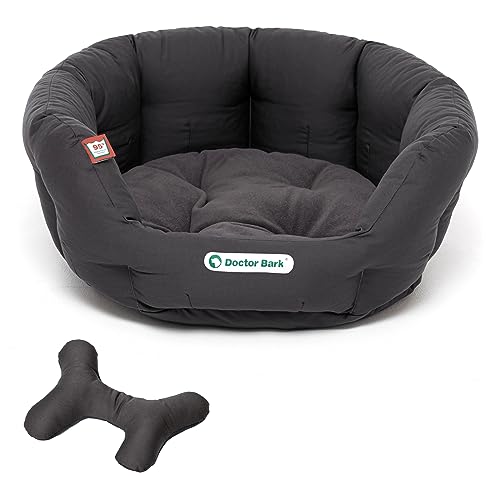 Doctor Bark Hundekorb rund, Hundebett für mittlere Hunde, Kuschelbett + ToyBone mit flauschigem Wendekissen, orthopädisch, waschbar bis 95°C (M - 50x40 cm, Grau) von Doctor Bark