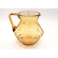 Vintage Karaffe Art Deco Bleischliff Gravur Blumen Floral Modernist Glas Bernstein Gelb Saft Krug Kanne 1930Er 30Er 20Er 20S 30S von DodoVintageShop