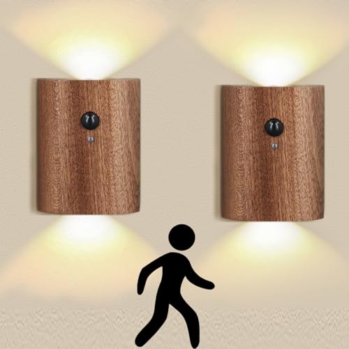 Wandleuchte Innen mit Bewegungsmelder, Holz Wandleuchte mit Bewegungsmelder Innen, USB Aufladbar Innen Wandlampe Schrankleuchten, Warmweiß Kabellos Akku Led Wandleuchte Innen mit Schalter von DoeDoefong